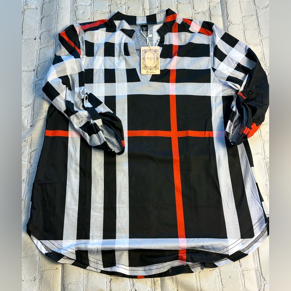 NWT St. Jubileens Women Roll-Up 3/4 Sleeve Plaid Tunic V Neck Blouse-large